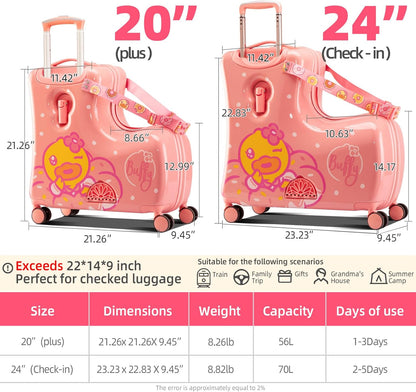 Kids' Lightweight Ride on Luggage with Spinner Wheels & Foldabe Design (Pink Donut, 24"+ Aged 3-12 Toddler),Children Holiday Birthday Gift