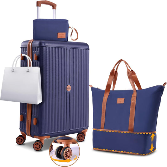 Hoteel 3 Piece Luggage Set with Spinner Wheels (4-YEAR WARRANTY), Carry on Luggage for Travel with TSA Lock, Hardshell ABS+PC Suitcase Set, 20" Suitcase + Expandable Duffel Bag+Cosmetic Bag(Dark Blue)