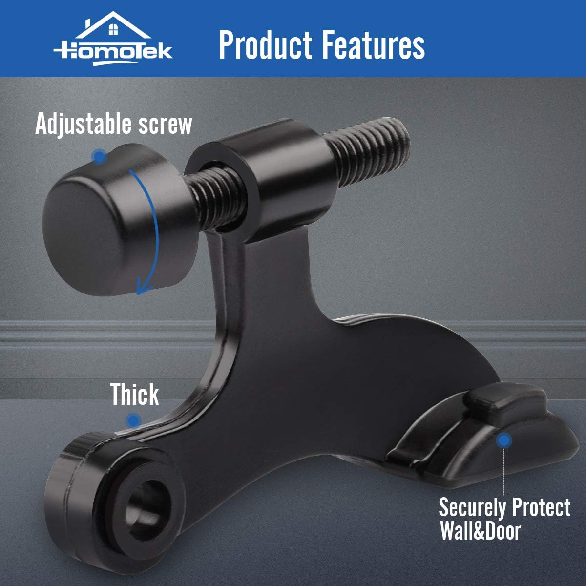 HOMOTEK 4 Pack Hinge Pin Black Door Stopper,Adjustable Deluxe Heavy Duty Door Stopper 2-1/2"x1-3/4”,with Black Rubber Bumper Tips