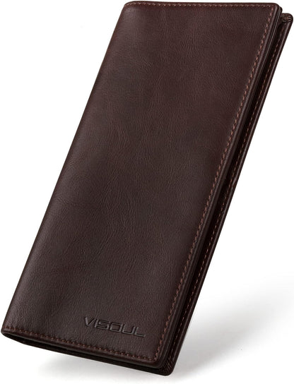 VISOUL Mens Leather Long Checkbook Bifold Wallets with RFID Blocking, Breast Pocket Tall Billfold Secretary Wallet for Men with Card Slots (Coffee)