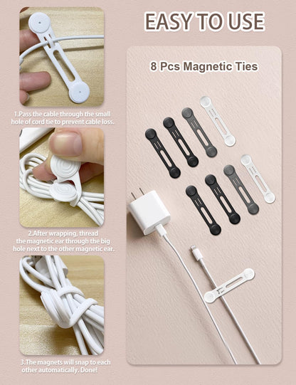 Kanemc 8 Pack Magnetic Twist Ties, Silicone Cord Organizer Magnet Reusable Cable Straps For USB Earphone Charger Video Computer Cables (4Black+2White+2Grey)