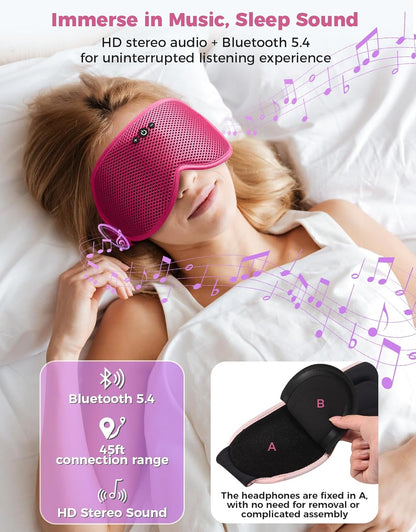 3D Contoured Sleep Mask with Bluetooth Headphones, Eye Masks for Sleep, Sleeping Mask with Ultra-Thin Stereo Speakers for Men, Women, Gifts - Rose Red