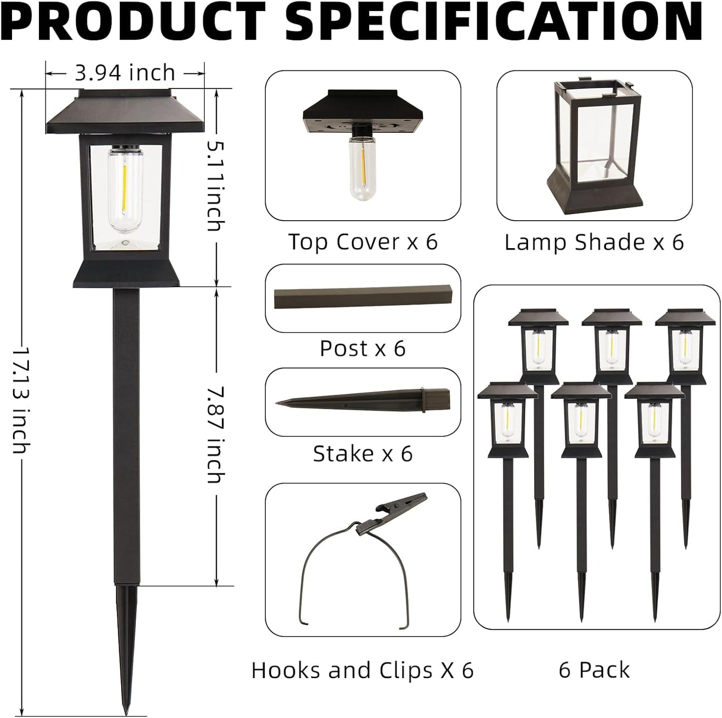 6 Pack Solar Pathway Lights Outdoor Waterproof, Dual-Use Stake & Hanging Lantern, 17 Inch ABS Warm White 3000K, 1000mAh Ni-MH Battery & Monocrystalline Panel, Auto On/Off for Garden Yard Patio Walkway