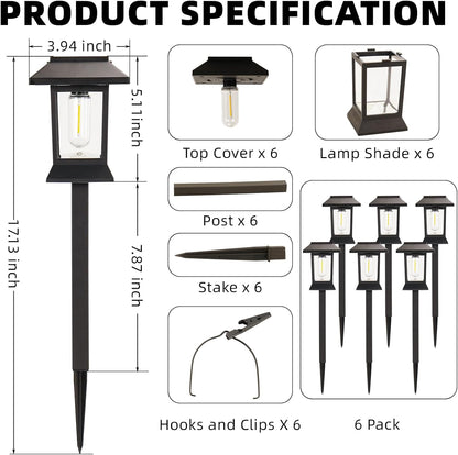 6 Pack Solar Pathway Lights Outdoor Waterproof, Dual-Use Stake & Hanging Lantern, 17 Inch ABS Warm White 3000K, 1000mAh Ni-MH Battery & Monocrystalline Panel, Auto On/Off for Garden Yard Patio Walkway