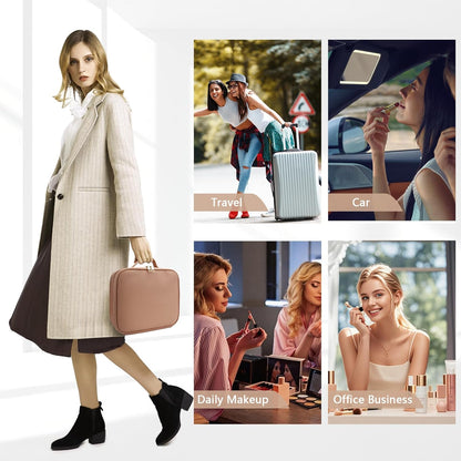 Travel Makeup Bag for Makeup Artists Large Makeup Case,with Mirror 3 Color Setting and Detachable 10x Magnifying Mirror Travel Makeup Bag,Portable Storage and Adjustable Dividers（khaki）