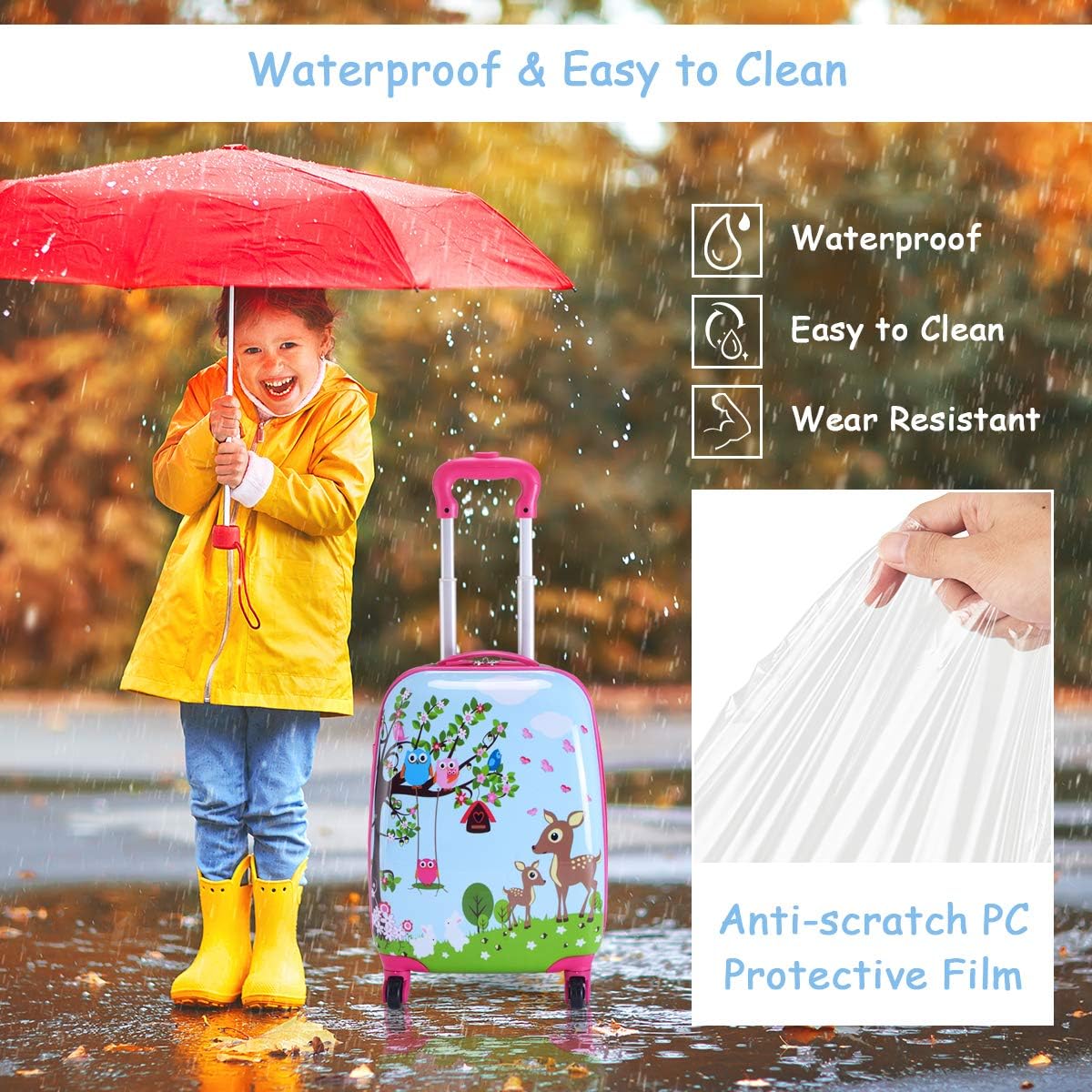 HONEY JOY Kids Luggage, 12” Travel Backpack & 16” Hard Shell Toddler Suitcase, Children Rolling Luggage with Wheels, Retractable Handle & 4 Casters, 2Pcs Carry On Luggage Set for Boys Girls(Deer)