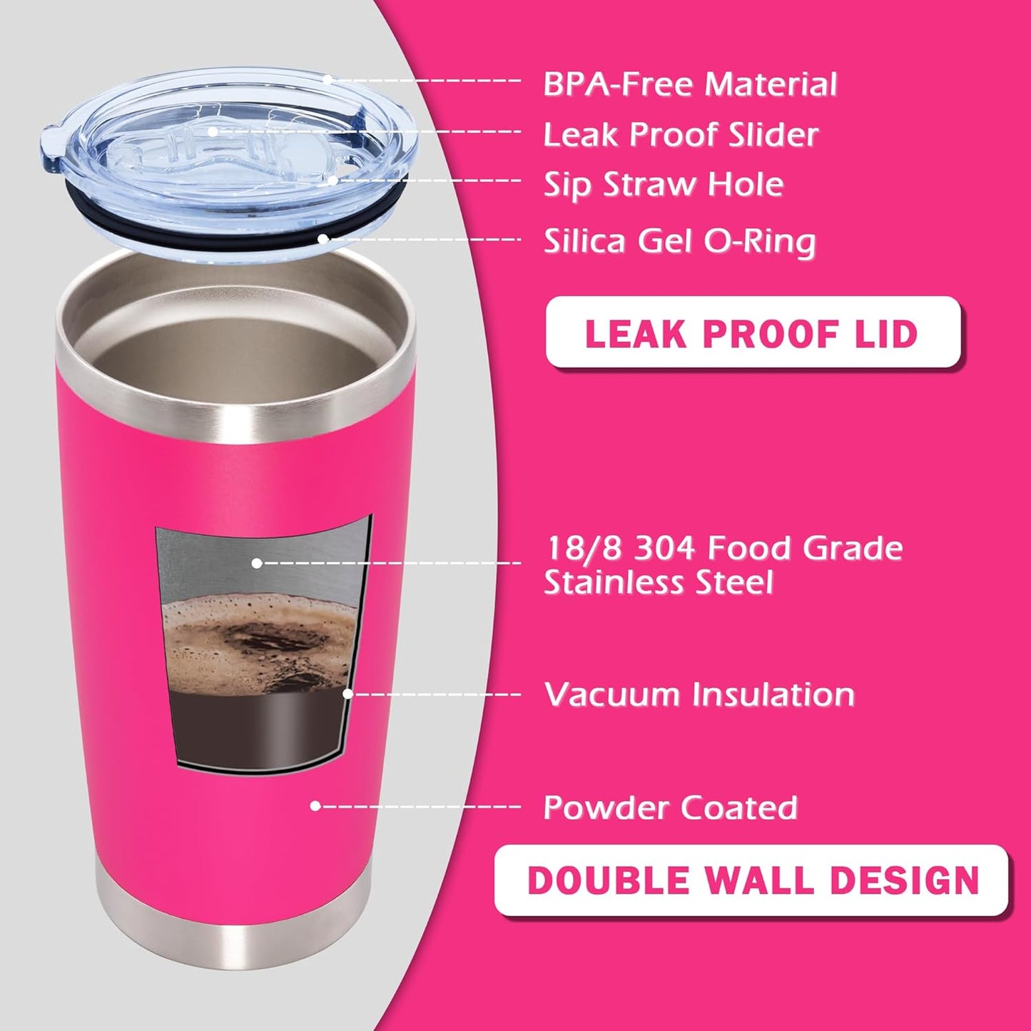 20oz Tumbler Bulk Stainless Steel Tumblers with Lid Vacuum Insulated Double Wall Travel Coffee Mug Powder Coated Tumbler Cup for Hot and Cold Drinks(Hot Pink, 12 pack)