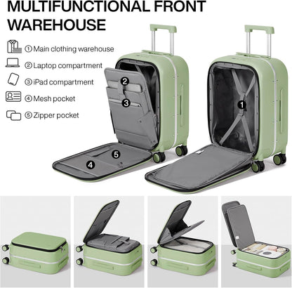 mixi Carry On Luggage, 20'' Suitcase with Front Laptop Pocket, Travel Rolling Luggage Aluminum Frame PC Hardside with Spinner Wheels & TSA Lock and Cover - Avocado Green