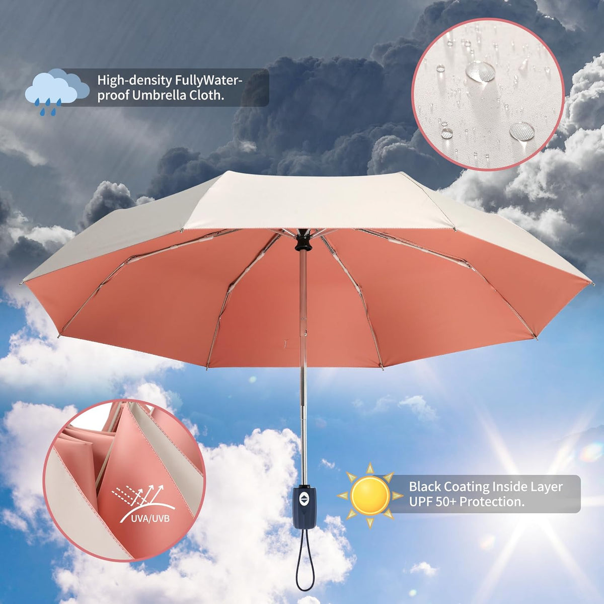 Color Glue Coating Sun Umbrella UV Protection Compact Folding Windproof Parasols Travel Auto Open Close Blocking UV 99.98%