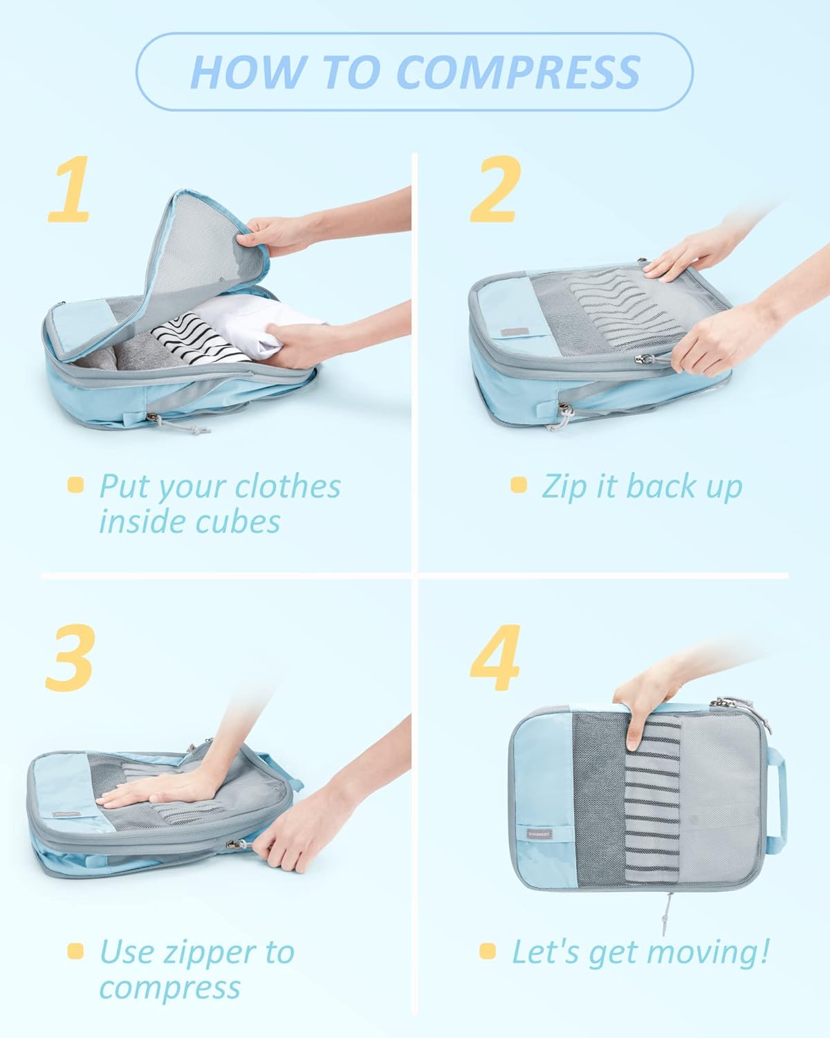 BAGSMART 6 Set Compression Packing Cubes - Lightweight Travel Essentials, Durable Luggage Organizer