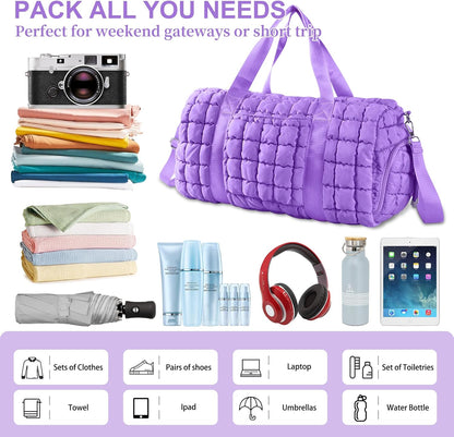Quilted Travel Duffle Bag Gym Bag for Women,Large Puffer Duffle Weekender Bag with Compartment,Workout Overnight Carry on Organizer Bag Duffle Bag for Airplane Travel(Purple)