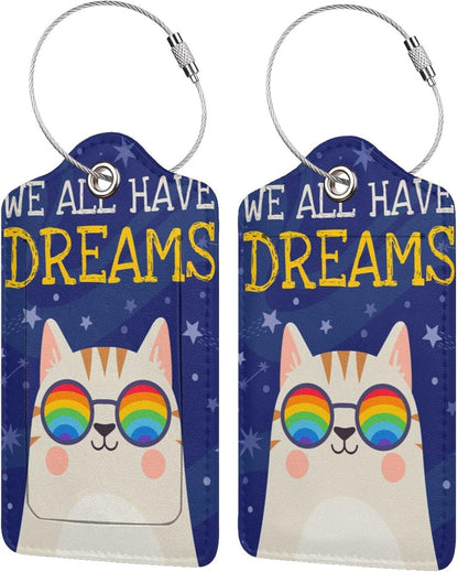 2 Cute Cat with Rainbow in Eye Glasses Luggage Tags, We All Have Dreams Encouraging Letters Suitcase Tag Privacy Name ID Card Travel Bag Labels for Friends Adults Kids