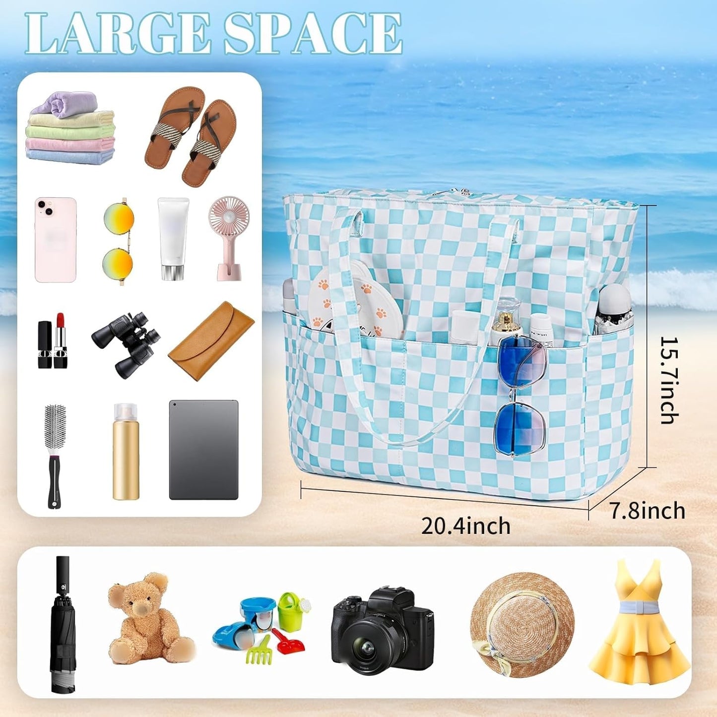 LEDAOU Large Beach Tote Bag Women Waterproof Sandproof Zipper Beach Tote Bag for Pool Gym Grocery Travel with Wet Pocket