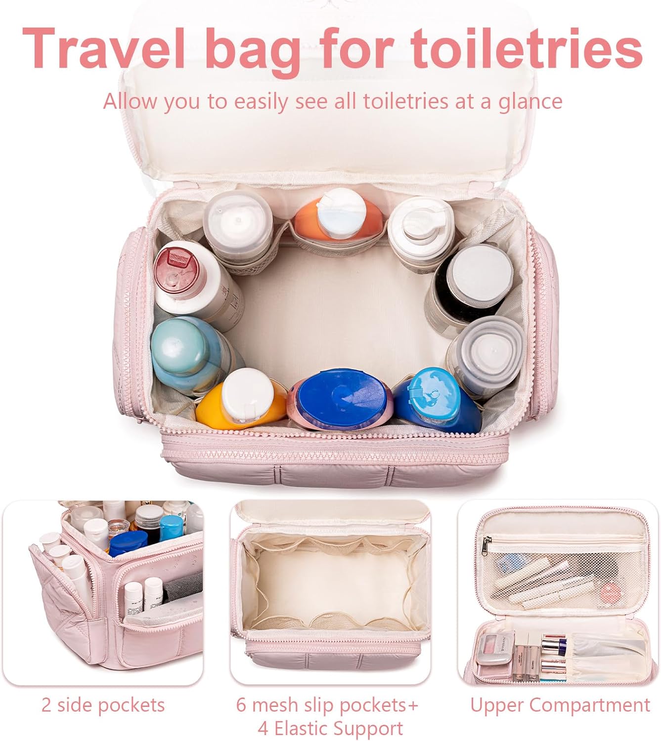 LEDAOU Toiletry Bag for Women,Quilted Travel Makeup Bag Organizer with Double Deck, Large Wide-open Cosmetic Make up Bag for Travel Essentials (Pink Puffy)