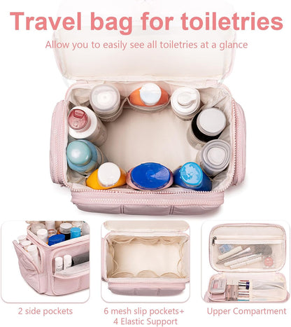 LEDAOU Toiletry Bag for Women,Quilted Travel Makeup Bag Organizer with Double Deck, Large Wide-open Cosmetic Make up Bag for Travel Essentials (Pink Puffy)