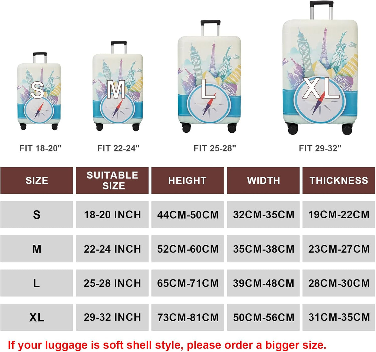 WUJIAONIAO Travel Luggage Cover Baggage Suitcase Cover Protector Skins 18-32 Inch (compass, S (for 18-20 inch luggage))