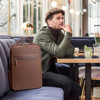 Tzowla Leather Laptop Backpack, Bag for Men and Women,Business Travel Work Rucksack Fits 15.6 Inch Laptop,Bookbag with USB and Type-C Charging Port-Black