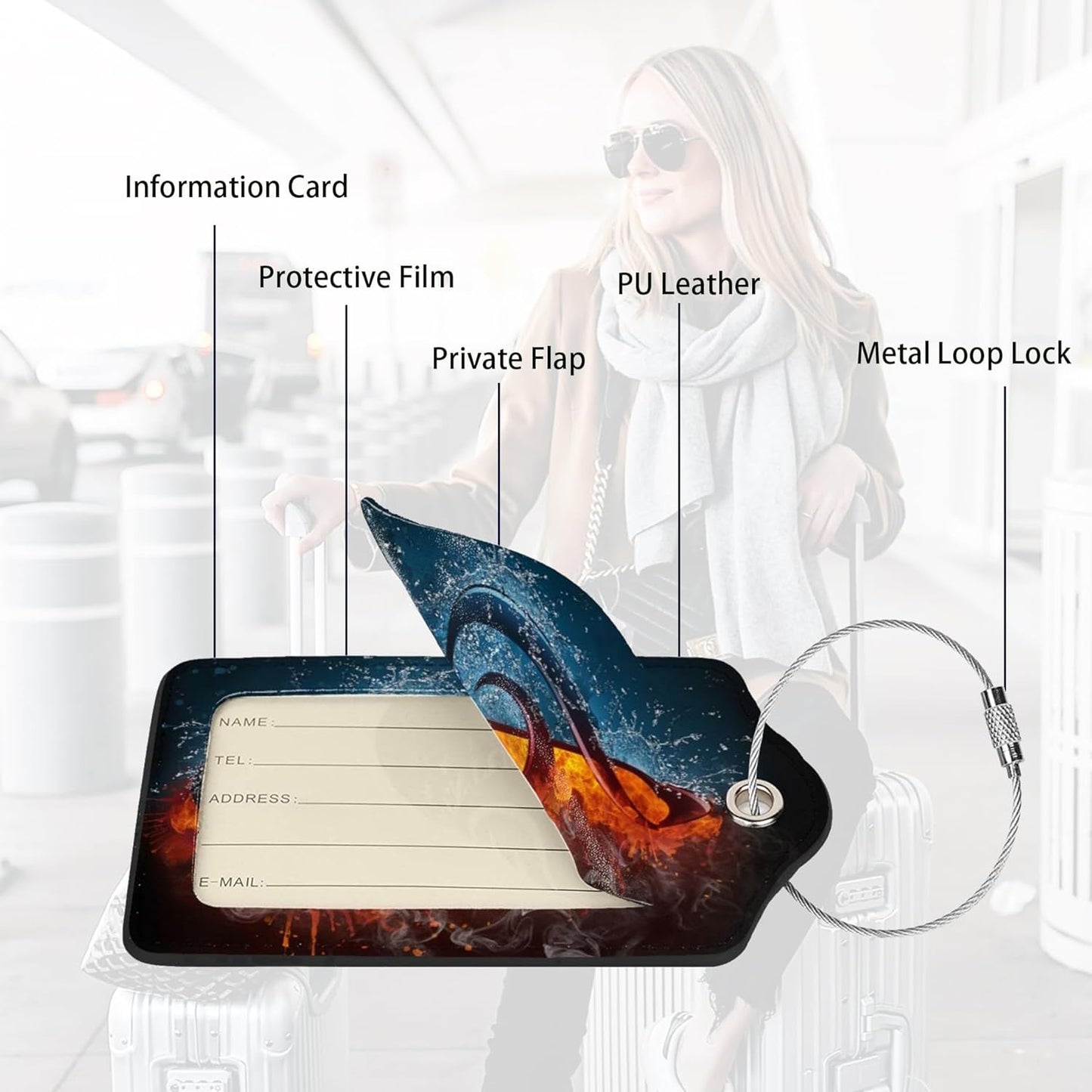 2 Pack Luggage Tags for suitcases Funny Music Water fire Luggage Tag, Leather Stainless Steel Loop Label Tag for Men Women Travel Bag Suitcase(Music Water fire)