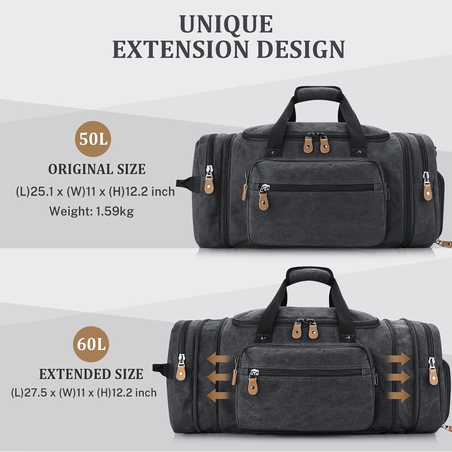 Gonex Canvas Duffle Bag 60L Travel Duffel Overnight Weekend Bag with Shoe Compartment (Dark Gray)