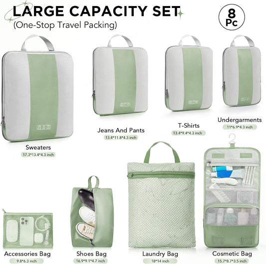 8 Set Compression Packing Cubes for Travel Essentials,Compressible Expandable Packing Cubes for Suitcase,OlarHike Luggage Organizer Bags for Travel,Handy Helper for Organizing Clothes(Matcha Green)