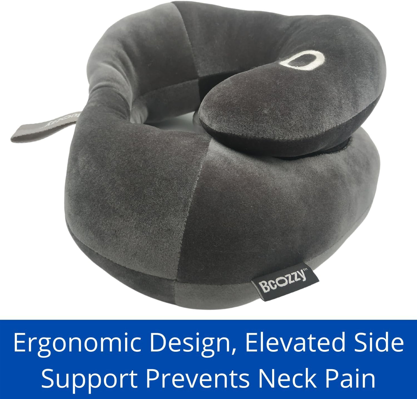BCOZZY Flat Back Travel Neck Pillow – Patented Neck Pain Relief & Support for Head, Neck, and Chin. Ideal for Airplanes, Long Flights, Car Rides. Adjustable, Washable, with Carry Bag. Large, Navy