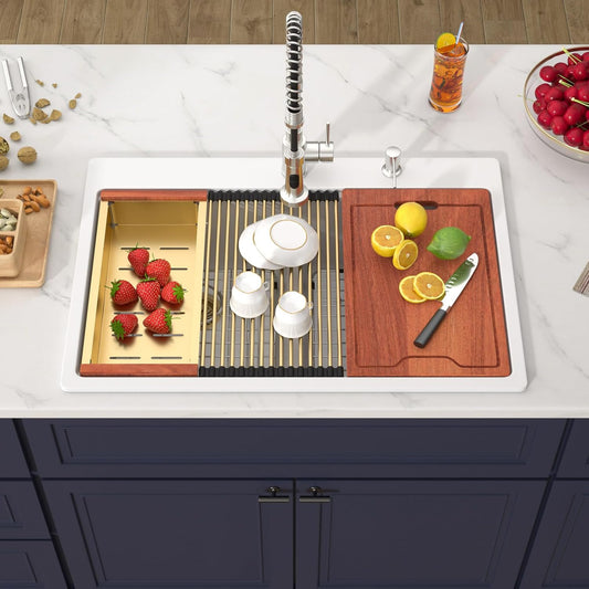 33 Inch Quartz Drop In White Kitchen Sink-Donsdey Double Bowl Topmount Granite Composite Workstation Sinks Double Basin Large Bowl Hard and Durable Noise Reduction Luxury Accessories