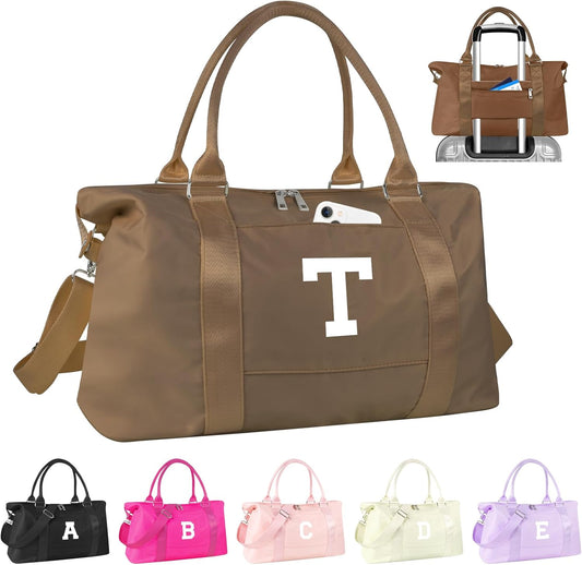 Birthday Graduation Gifts for Daughter,Initial Travel Duffel Bag Sports Gym Bag for Girls Teen Kids Birthday Gifts,Personalized Weekender Bag Carry On Tote Bags Cute Overnight Bag for Women(Brown, T)