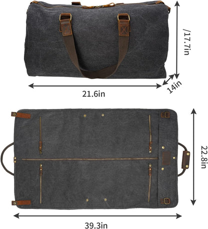 2 in 1 Canvas Leather Suit Luggage Garment Bag with Shoulder Strap for Travel and Business Trips (Black)
