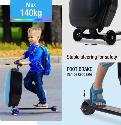 20" Scooter Suitcase for Kids, 2-in-1 Ride On Luggage with Wheels for Boys & Girls Ages 4-15, Foldable Hardshell Carry On Lightweight Travel Suitcase for Airplane