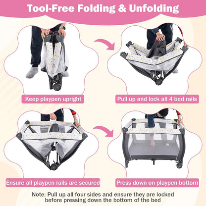 HONEY JOY Pack and Play, 3 in 1 Portable Baby Playard with Bassinet, Changing Table, Lockable Wheels, Music Box, Foldable Travel Baby Crib Nursery Center from Newborn to Toddler (Water Drop Gray)