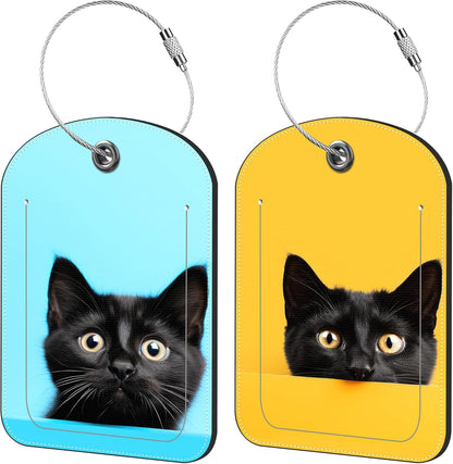 Black Cat Luggage Tag for Suitcase Set of 2 PU Leather Cute Luggage Tags with Stainless Metal Loop ID Label Privacy Flap Suitcase Tags for Women and Men Travel
