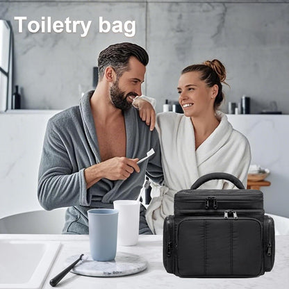 LEDAOU Toiletry Bag for Women,Quilted Travel Makeup Bag Organizer with Double Deck, Large Wide-open Cosmetic Make up Bag for Travel Essentials (Black Puffy)