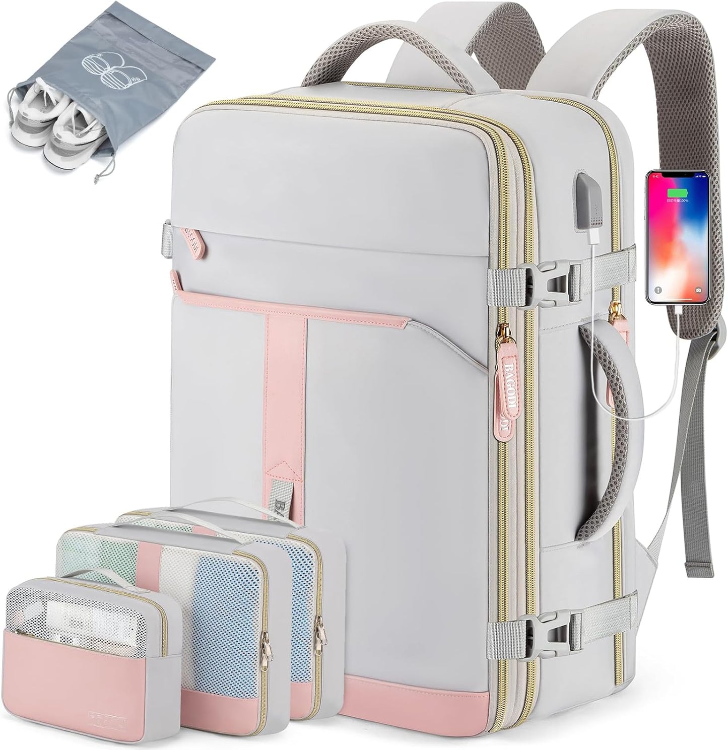 42L Travel Laptop Backpack, Expandable Carry-on Luggage, Anti-Theft Business Weekender Bag with USB Port, 3 Packing Cubes & Shoe Bag (Grey)