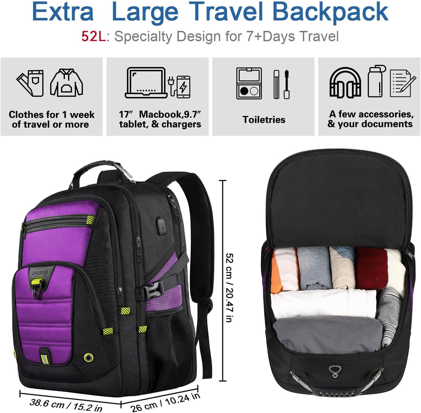 Z-MGKISS 52L Travel Backpack for Women, Large Waterproof Anti-Theft Backpack 17.3 Inch with USB Port, TSA-Approved Daypack, Gifts for Women Teacher Business College, Purple