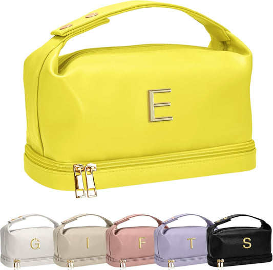 Makeup Bag For Teens 16-18, Personalized Makeup Bag with Handle, Initial Double Layer Cosmetic Bag with Makeup Brush Organizer, Cute Cosmetic Pouch for Women, Gifts for Friends Female Mom