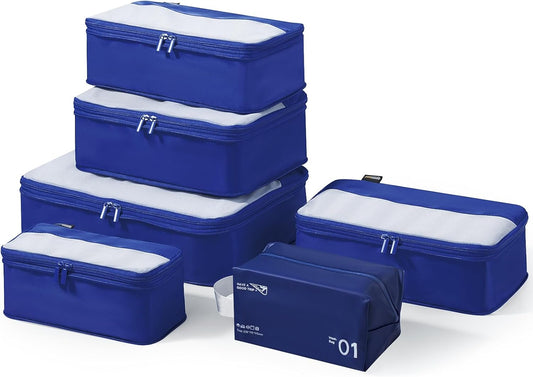 6 Set Compression Packing Cubes for Travel Essentials, Luggage Organizers for Suitcases (Dark Blue)