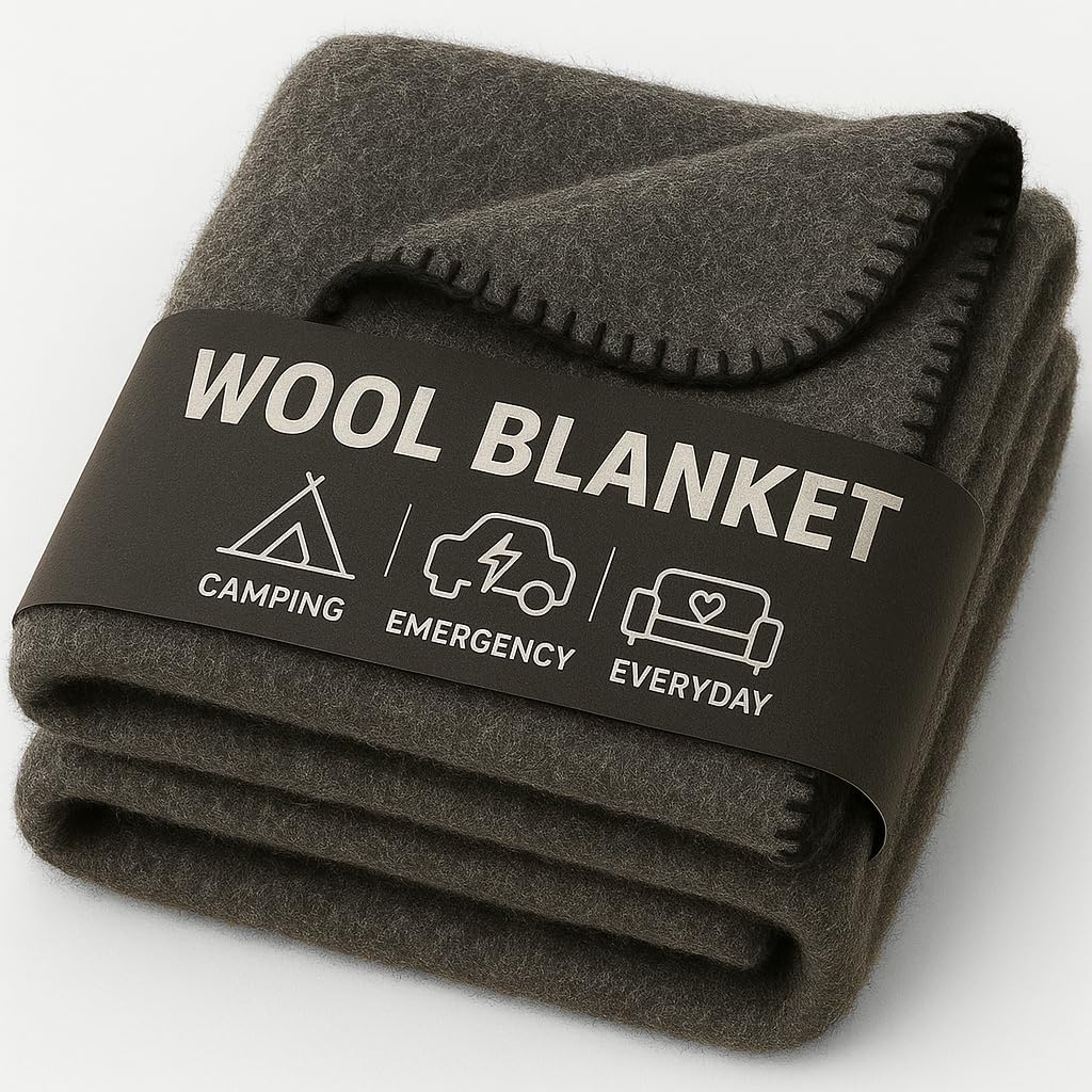 Wool Camping Blanket – 70% Wool Heavy-Duty Military Style Throw, Warm & Washable, Fire Retardant Cover for Emergency, Survival & Outdoor Use – Perfect for Camping, Car, Home & Hiking, Grey 66x90