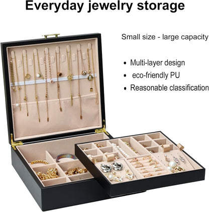 2-layer jewelry box，Jewelry Organizer with Handle，with hanging necklace hooks, detachable jewelry trays, suitable for storing a large amount of jewelry gift box (Large-Black)