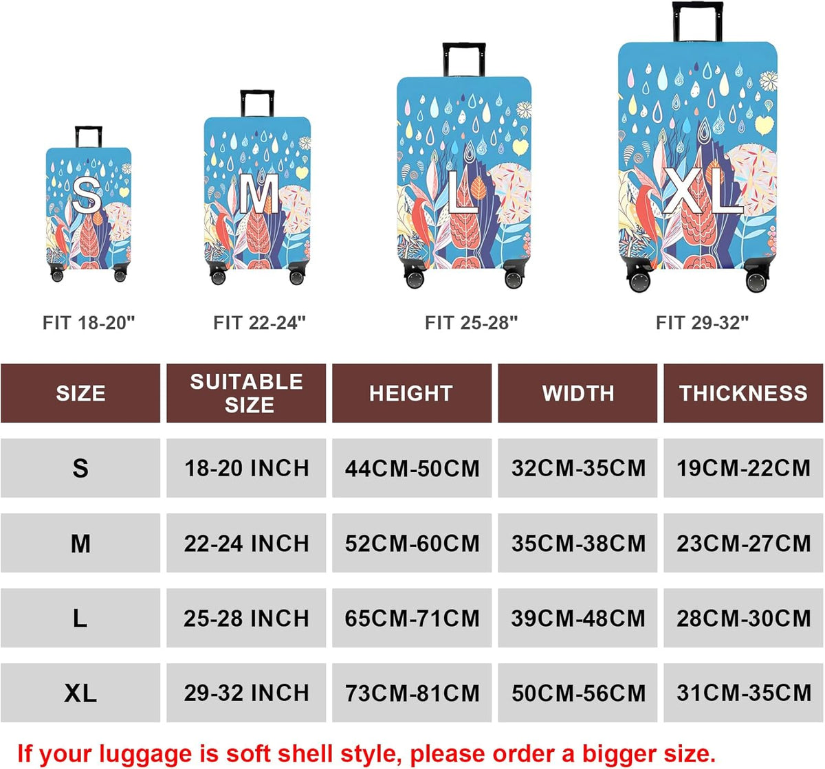WUJIAONIAO Travel Luggage Cover Baggage Suitcase Cover Protector Skins 18-32 Inch (rainy season, XL (for 29-32 inch luggage))