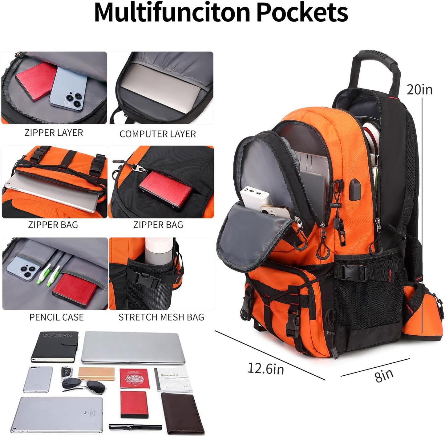 Nerlion 40L Hiking Backpack Travel Backpack for Men Women Camping Waterproof Outdoor Hiking Daypack Lightweight Backpack (Orange)