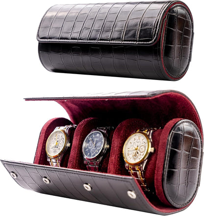 MR.OKAY 3 Watch Travel Case-Classic Leather Watch Case With Superb Texture. (Portable Watch Roll Or Organizer For Storage And Display).Festival Gift For Men, All Handcrafted By Artisans.