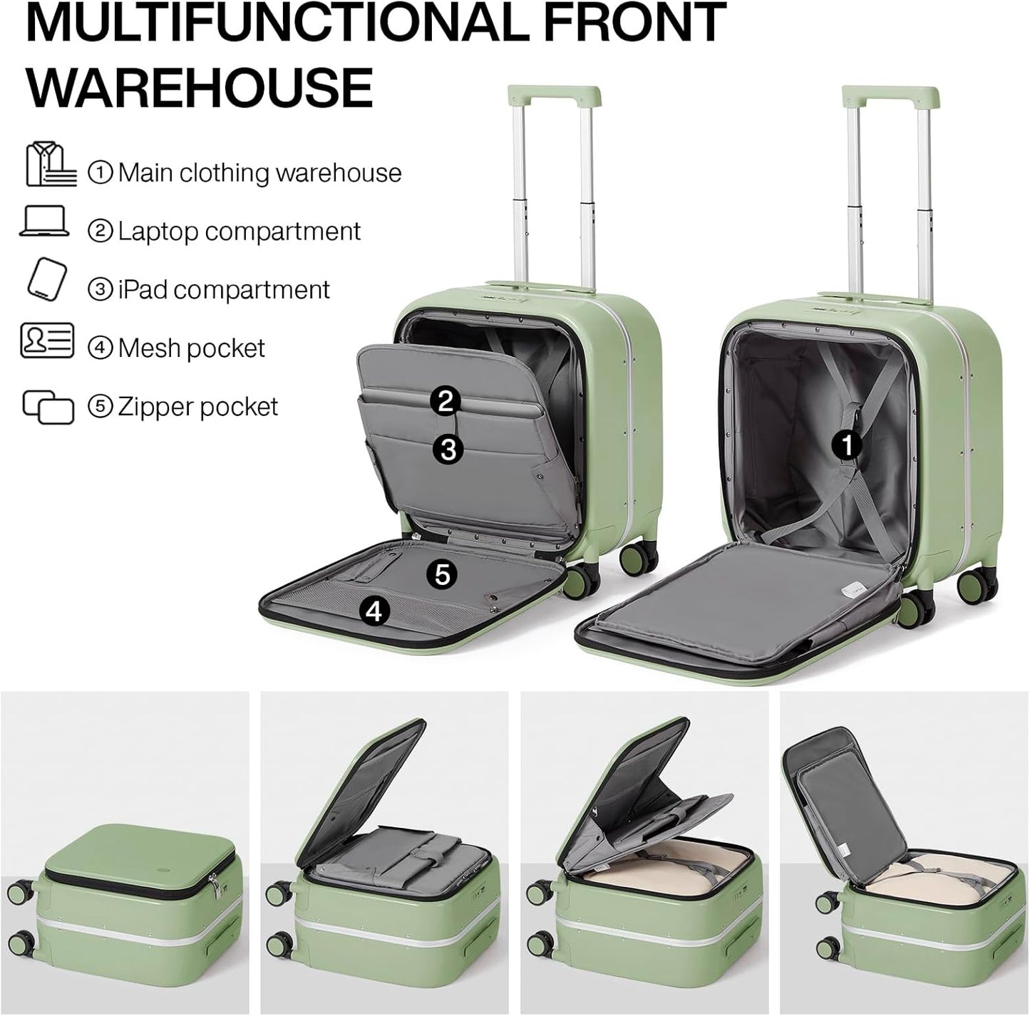 mixi Carry On Luggage, 18” Suitcase with Front Laptop Pocket, Travel Luggage Aluminum Frame PC Hardside with Spinner Wheels & TSA Lock and Cover (Not for Underseat), Avocado Green