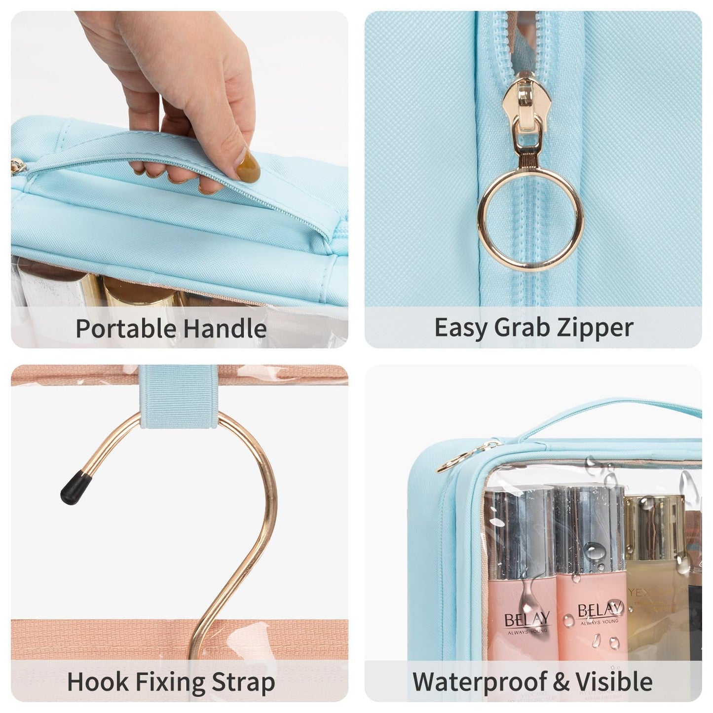 CUBETASTIC Hanging Travel Toiletry Bag, Clear Makeup Bag, Transparent 3 Comparment Small Travel Bag Cosmetic Organizer Case Portable Skincare Pouch with Handle (Blue, Small (Pack of 1))