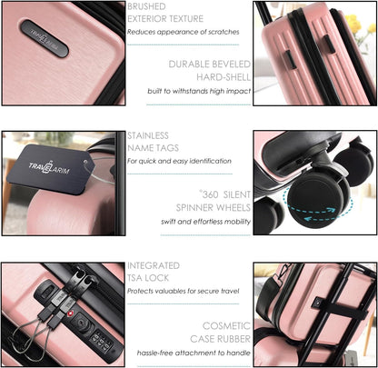 22 Inch Carry On Luggage 22x14x9 Airline Approved, Carry On Suitcase with Wheels, Hard-shell Carry-on Luggage, Durable Luggage Carry-On, Pink Small Suitcase with Cosmetic Case