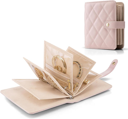 Vlando Travel Jewelry Organizer Case,Travel Gifts for Women,Portable Jewelry Storage Book Ring Binder with Clear Zipper Velvet Jewelry Pouch Bag-Pink