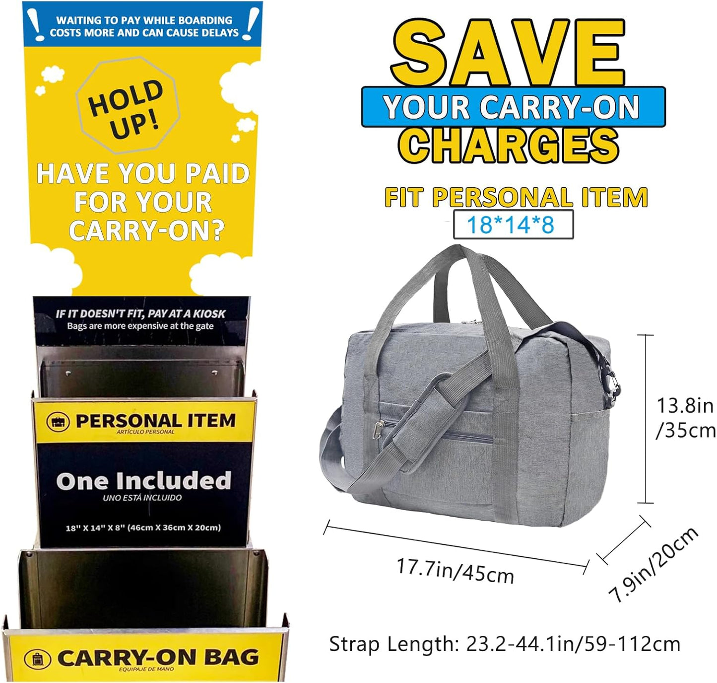 For Spirit Airlines Personal Item Bag 18x14x8 in Underseat Carry-on Luggage foldable Travel Duffle Bag for Airplanes(30L, Dark Grey)