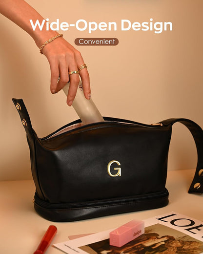 Teacher Appreciation Gifts, Personalized Makeup Bag with Handle, Initial Double Layer Cosmetic Bag with Makeup Brush Organizer, PU Leather Travel Toiletry Bag, Gifts for Friends Female Mom