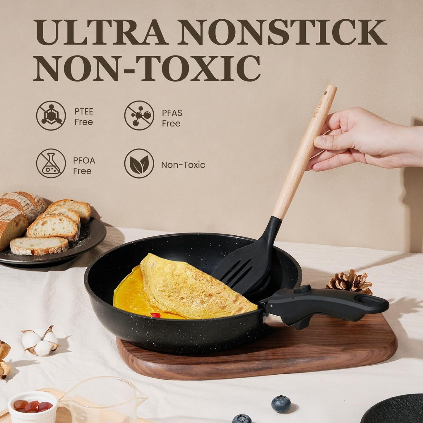 KIKCOIN 20 Pcs Pots and Pans Set Non Stick, Detachable Handle Cookware Sets Nonstick, Non Toxic Induction RV Kitchen Cooking Set with Removable Handles, Dishwasher/Oven Safe, Easy Clean (Black)