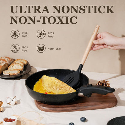 KIKCOIN 20 Pcs Pots and Pans Set Non Stick, Detachable Handle Cookware Sets Nonstick, Non Toxic Induction RV Kitchen Cooking Set with Removable Handles, Dishwasher/Oven Safe, Easy Clean (Black)