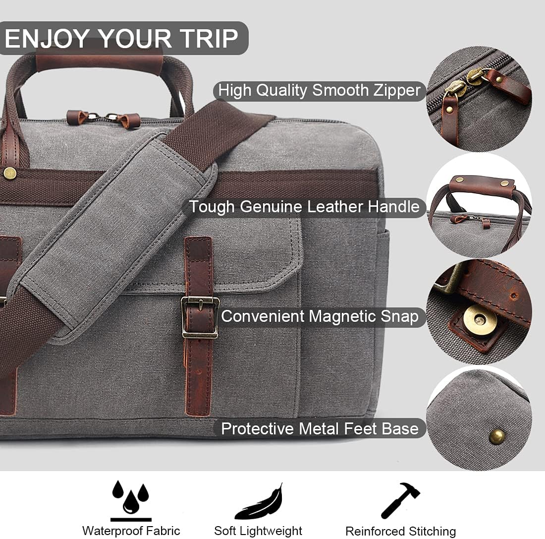 Duffle Bag for Men Waterproof Genuine Leather Canvas Travel Duffel Bags for Women Overnight Weekender Bag for Traveling